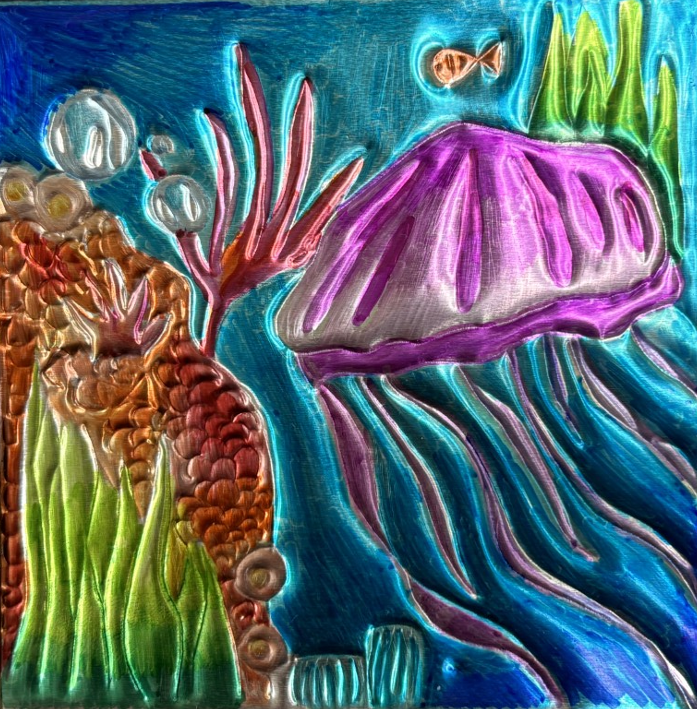 A colorful square canvas of art depicting ocean life.