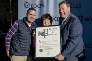 Capital Region BOCES Photographer Assemblymemmber Chris Tague, Jeff Palmer and Nancy Liddle with proclamation presentation during Capital Region BOCES careers in construction month, Build Your Future event at CRB on Friday, October 25, 2024.