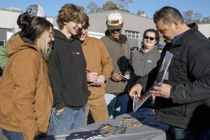 Erica Miller/ Capital Region BOCES Photographer Geoff Frazier, president of STS Steel, shows Gianna Schillinger, senior at North Colonie, and Spencer Schrom, senior at Schalmont, both in Welding, example of their work during Capital Region BOCES careers in construction month, Build Your Future event at CRB on Friday, October 25, 2024.