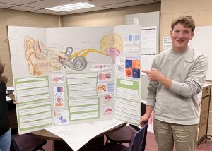 Students on the right of a poster board pointing to the board